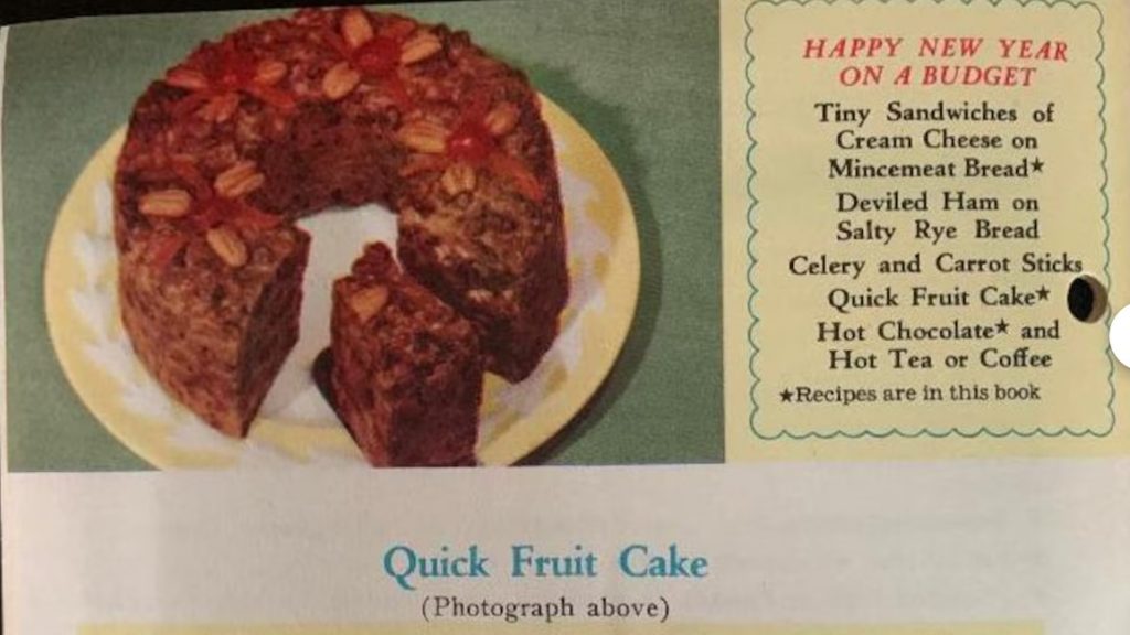 1950s Vintage Baking Recipe for a Quick Fruit Cake as seen in a 1950s recipe book: Mary Lee Taylor's 'Holiday  Recipes' for candies, cookies, desserts, salads and main dishes