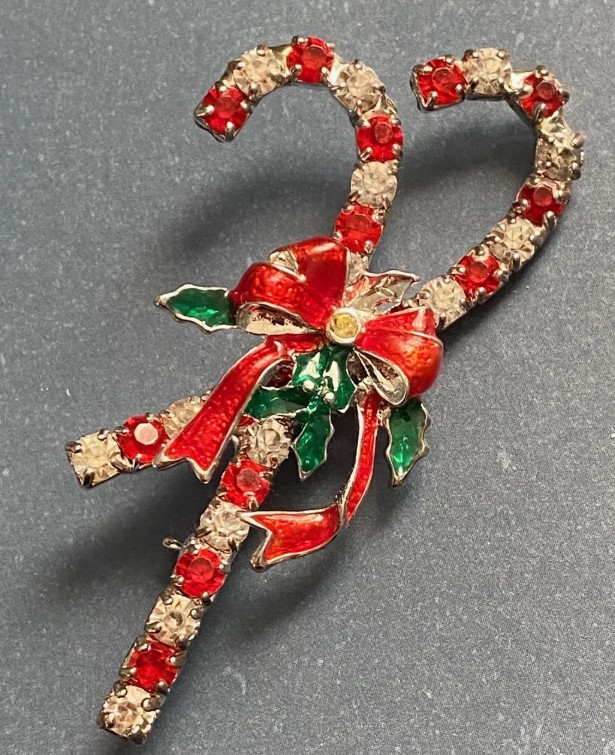 1950s Vintage Costume Jewelry-1950s rhinestone & enamel candy cane Christmas brooch. ==> See more Vintage Christmas Brooches & Corsages: The Ultimate Festive Accessories at the Vintage Inn Blog.