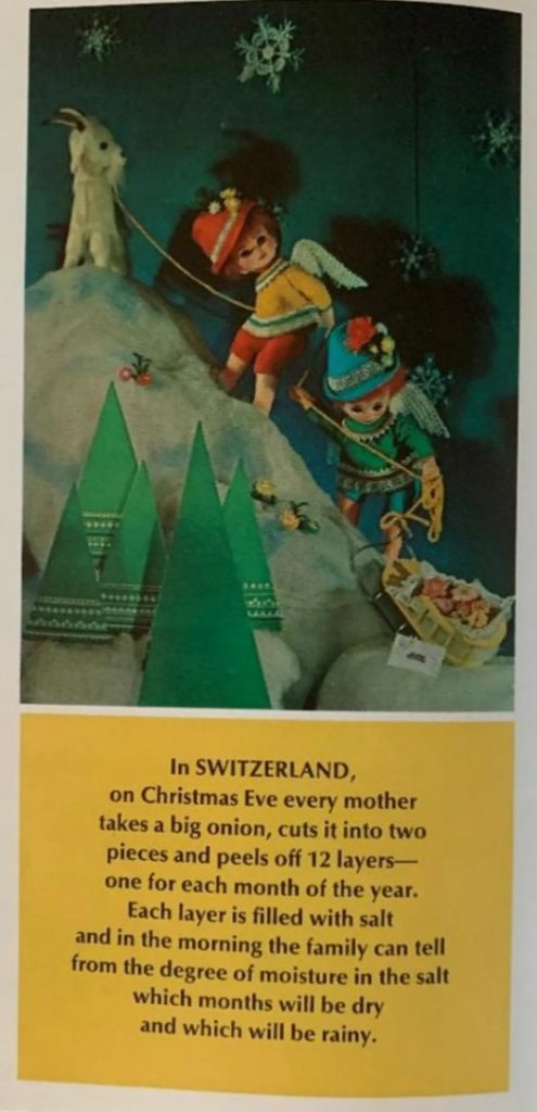 Vintage Christmas Tradition in Switzerland as seen in a 1967 - Soft cover - Wisconsin Electric Power Co. "Christmas Cooky Book" featuring 40 pages of fantastic Mid-Century baking recipe. The image features dolls angels climbing a mountain. 