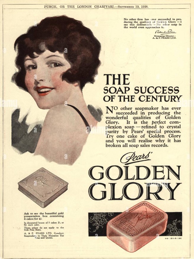 1920s vintage advertisement for Pears soap featuring an illustration of a 1920s woman with a 1920s flapper hairstyle - September 1928