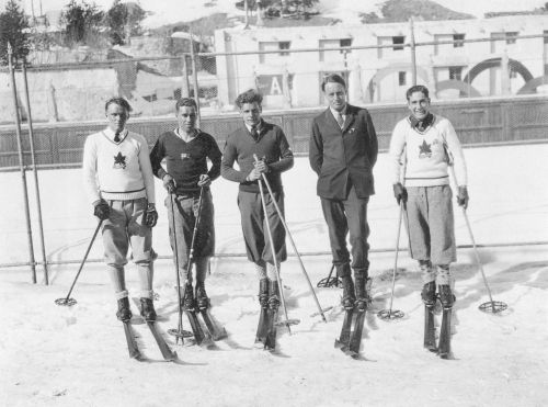 1920s Vintage Photo of Canadian Winter Olympic Ski Team (men) in 1928 posing in their winter ski fashions.