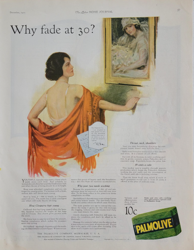 1920s Vintage Advertisement: "Why fade at 30?" 1922 vintage advertisement for Palmolive soap for your face featuring a woman in her 30s looking at her younger self. 