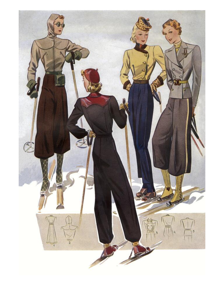 1930s vintage fashion: 1930s ski clothes sewing pattern illustration.