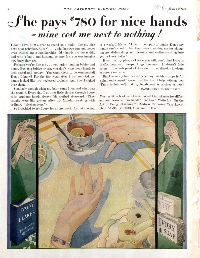 1930s vintage advertisement: "She pays $780 for nice hands-mine cost me next to nothing!" March 8th 1930 Ivory Soap advertisement as seen in the Saturday Evening Post. 