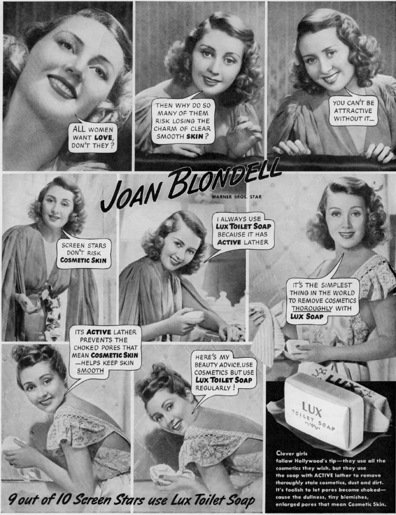 1930s vintage advertisment: 1939 Joan Blondell (Actress) Lux Toilet Soap advertisement. Super late 1930s vintage hairstyle inspiration. 