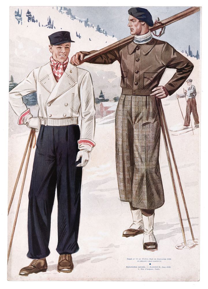 Paris 1936-1930s vintage fashion illustration of two men in 1930s ski wear / 1930s ski fashions