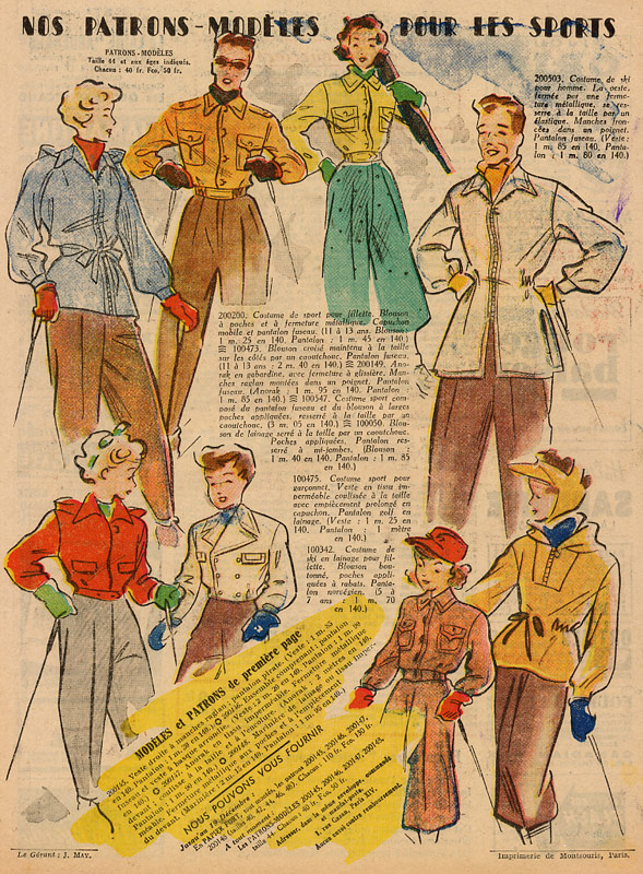 1940s Ski Fashion illustrations featuring 1940s ski wear for women,  men and kids. 