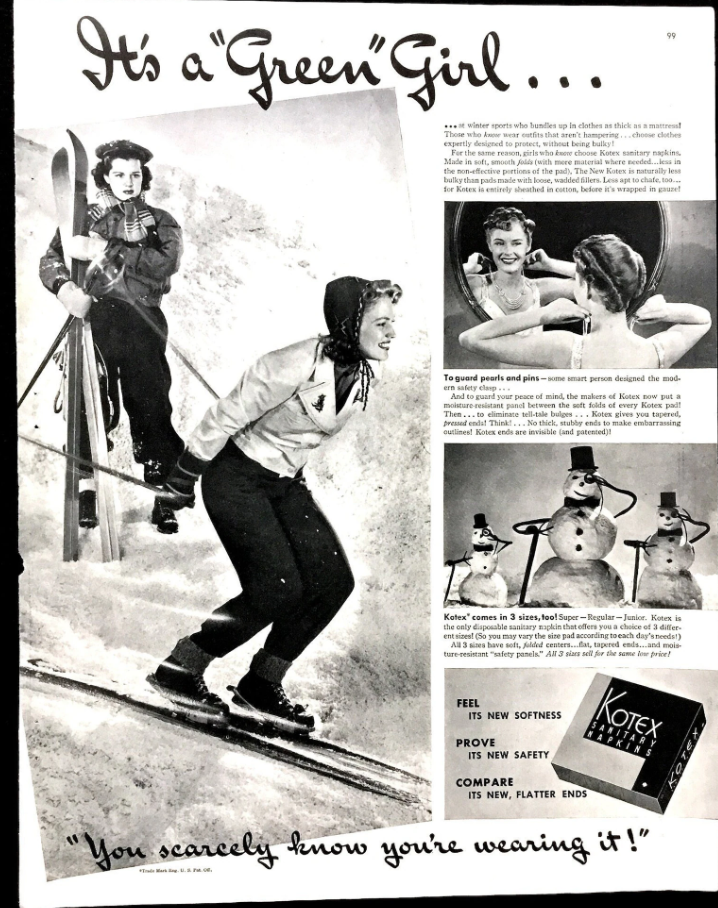 1940s vintage advertisement for Kotex featuring a early 1940s women downhill skiing and living life. Fantastic early 1940s vintage hairstyle and 1940s winter fashions for sportswear. 