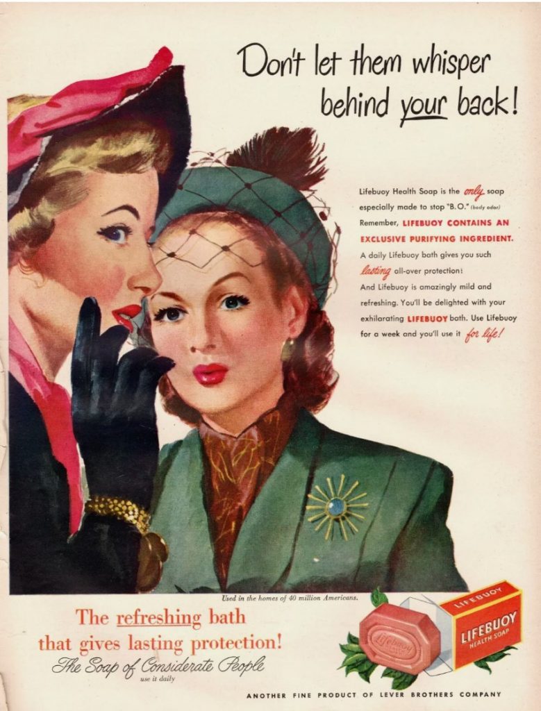 1940s vintage advertisement: 1941 Lifebuoy body soap featuring an illustration of two 1940s women in 1940s fashions. 