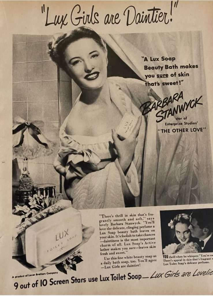 1940s vintage advertisement: Barbara Stanwyck for Lux Soap, Full Page Vintage Print Ad from the 1940s.