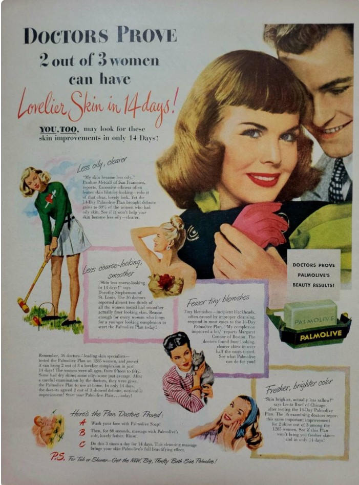 1940s Vintage Advertisement: 1947 Palmolive Soap Vintage Advertisement featuring images of 1940s women and 1940s hairstyles. 