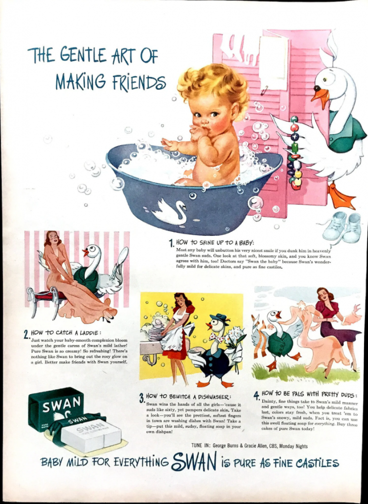 1940s vintage advertisement featuring all the way Swan Soap can get you clean, your baby clean, clothes clean and more. 