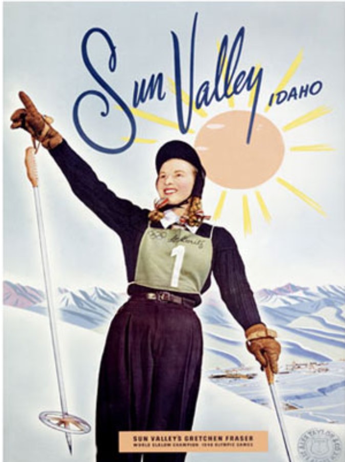 Vintage 1940s Travel Poster for Sun Valley, Idaho featuring a woman in a downhill skiing outfit getting ready to hit the slopes.