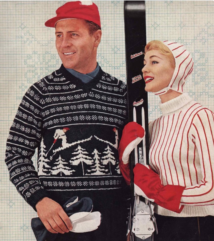 1950s Ski Fashion:  Mens Ski Sweater pattern from the 1950s and women's 1950s sweater. 