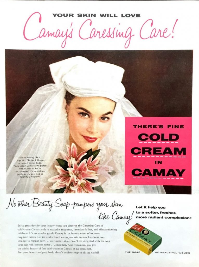 1950s Vintage Advertisement: 1955 Camay Beauty Bar Soap Ad featuring an image of a 1950s Bride. 