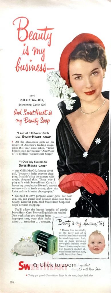 1950s vintage advertisement for SweetHeart Soap featuring a 1950s woman in 1950s fashion.