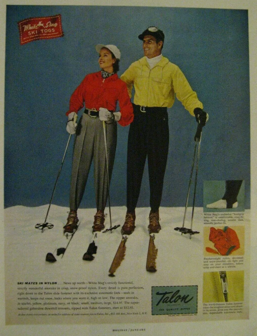 1950s vintage advertisement: White Stag Ski Togs 1950 Advertisement featuring 1950s ski fashions for men and women 