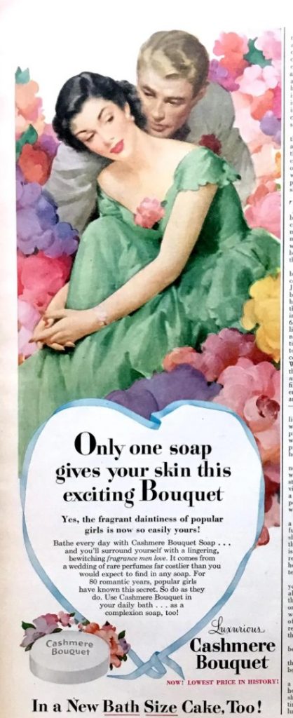 1950's Cashmere Bouquet Soap Vintage Ad featuring an illustration of a 1950s couple. 