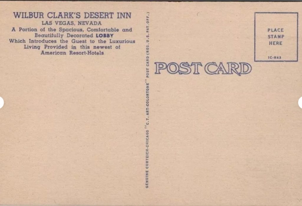 Vintage Las Vegas Postcard from the early 1950s for the Wilbur Clark's Desert Inn Las Vegas, Nevada featuring a fun pink and green 1950s lobby design. Early Mid Century Interior Design. 