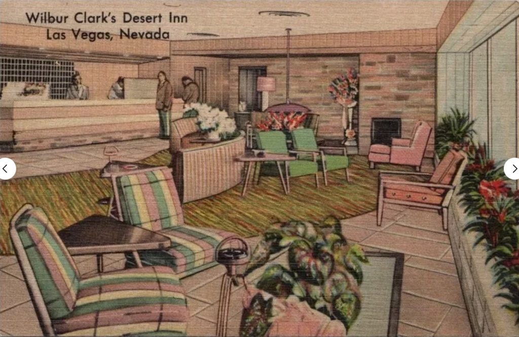 Vintage Las Vegas Postcard from the early 1950s for the Wilbur Clark's Desert Inn Las Vegas, Nevada featuring a fun pink and green 1950s lobby design. Early Mid Century Interior Design. 