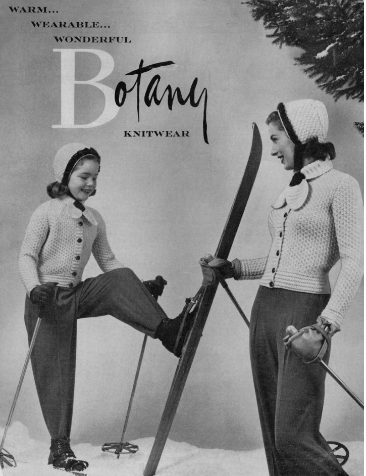 1950s fashion: "Warm..Wearable...Wonderful Botany Knitwear.  Tunisian Crochet Mom & Daughter Ski Jacket Cardigan and Hat September, 1951.