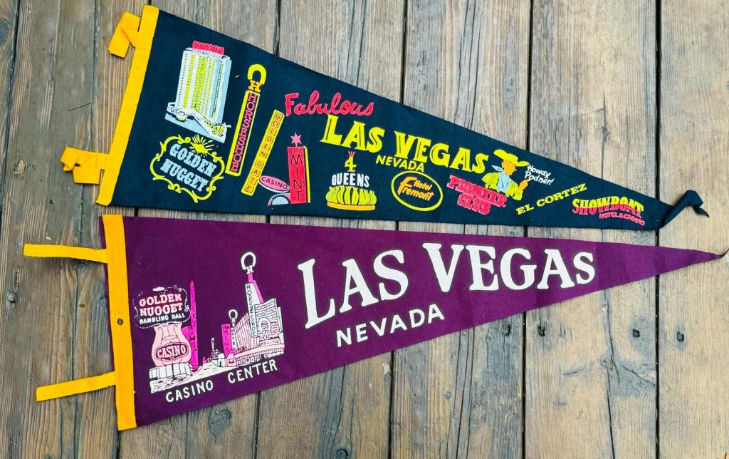 Vintage Las Vegas souvenir felt pennants from the mid 1960’s featuring Freemont St Casino's. 