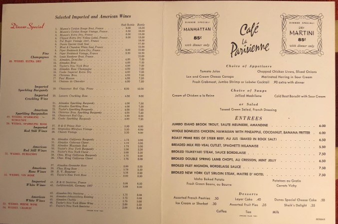 1960s Vintage Restaurant Menu from the Dunes Hotel and Casino in Las Vegas. Fun Vintage Las Vegas memorabilia