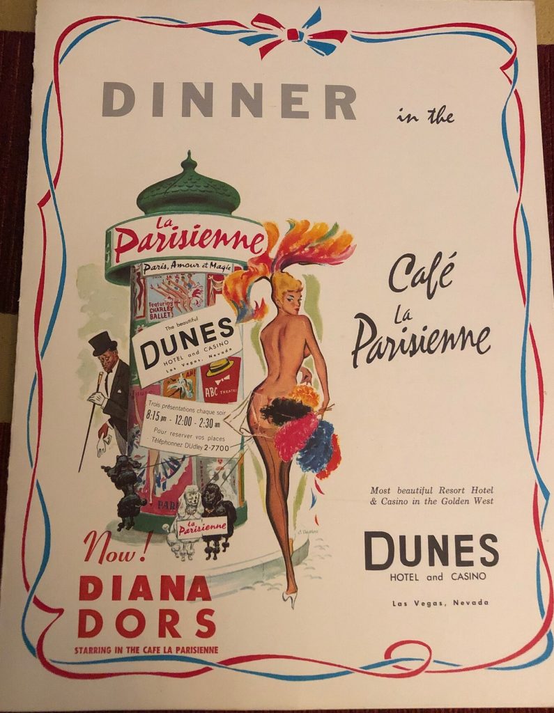 1960s vintage restaurant menu for "Cafe La Parisienne" at the Dunes Hotel and Casino. The cover illustration features a showgirl 