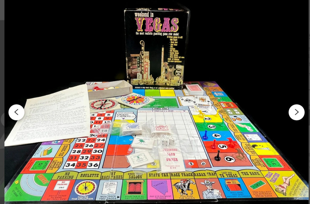 1970's "Weekend in Las Vegas" board game by Research Games. The game has a copyright date of 1974, model #711 and is rated for up to 6 adult players. Included in the game box are the following: playing board (3 sections), roulette wheel, 5 horses (1 blue one is missing), deck of playing cards, 6 player tokens, business cards, lottery purchase tickets, lottery winning tickets, plastic chips, 3 dice, odds cards, slot machine spinner, cashier checks and the instructions.