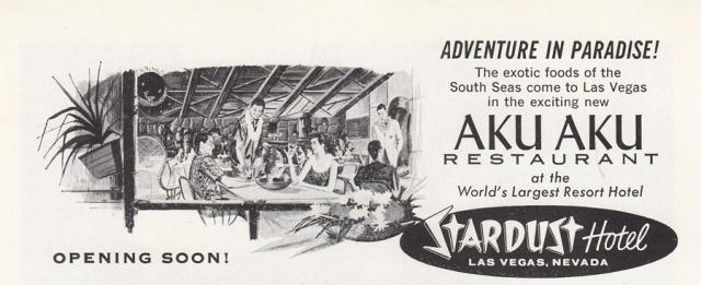 1960s Vintage Advertising for Aku Aku a Polynesian restaurant inside the Stardust Hotel in Las Vegas. 