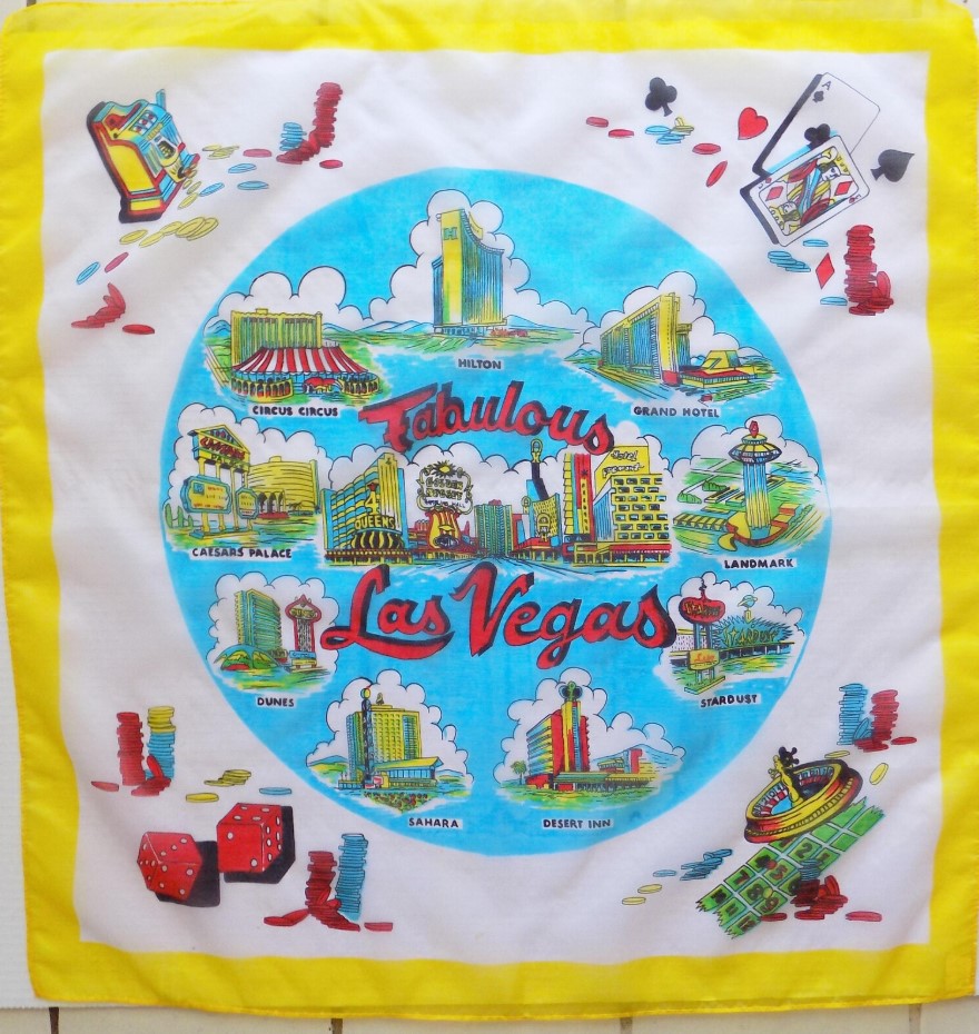 Vintage Las Vegas-1950s-60s Nylon souvenir scarf from Las Vegas featuring gambling illustrations and various hotels you can stay at. 