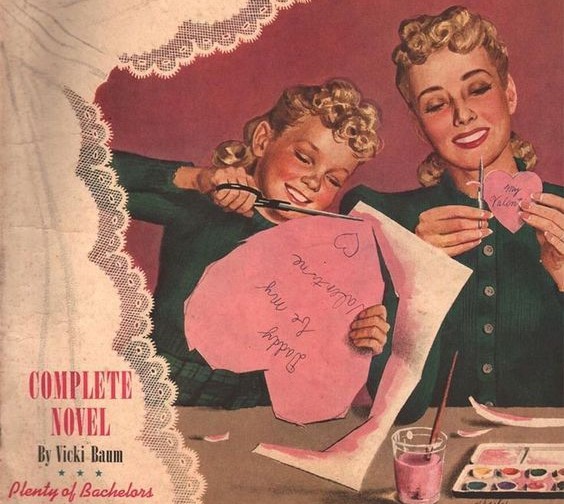 1940s vintage Valentine's Day magazine cover featuring a mom and daughter with same 1940s hairstyles cutting out valentine's day hearts out together. 