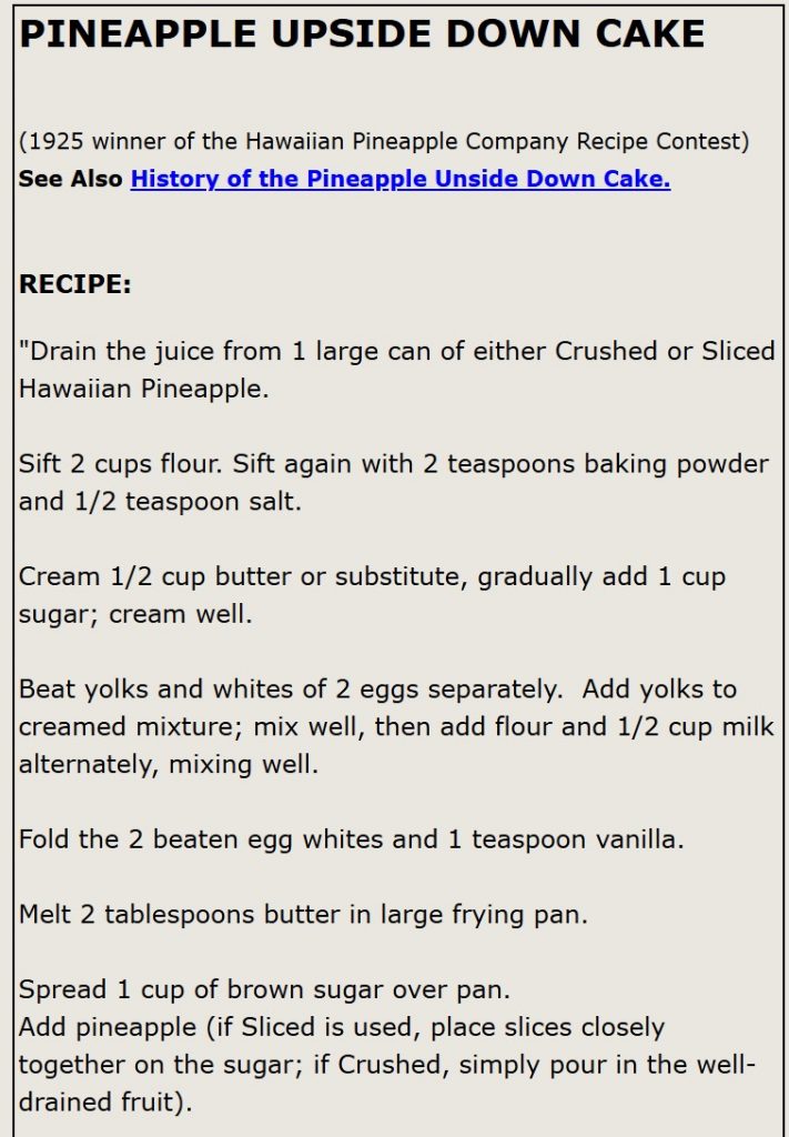 1920s vintage baking recipe-Pineapple Upside Down Cake from 1925. Original winning recipe. 