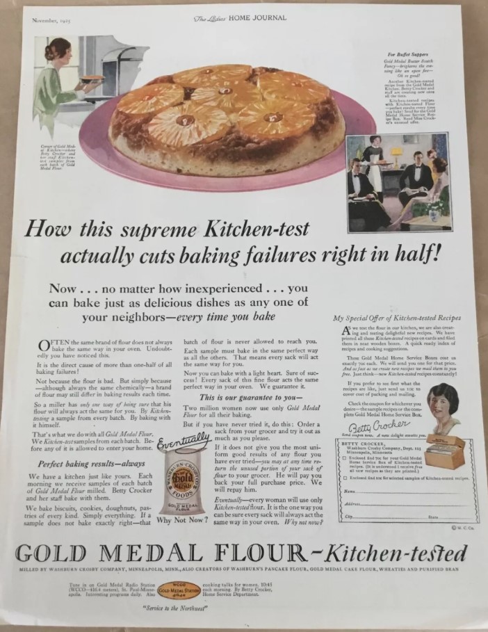 1920s vintage advertisement from 1925 from GOLD MEDAL FLOUR featuring an illustration of a Pineapple Upside Down Cake. 