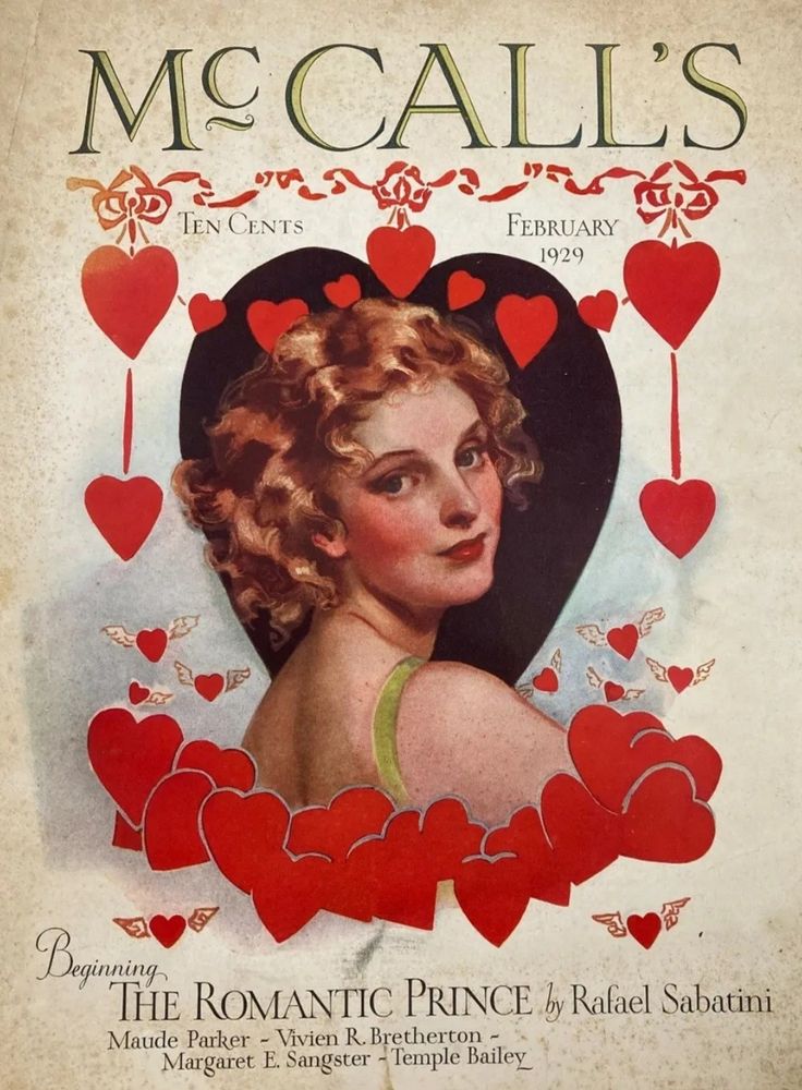 1920s vintage magazine cover-February 1929 McCall's Valentine's Day cover featuring an illustration of a pretty woman surrounded by hearts. 