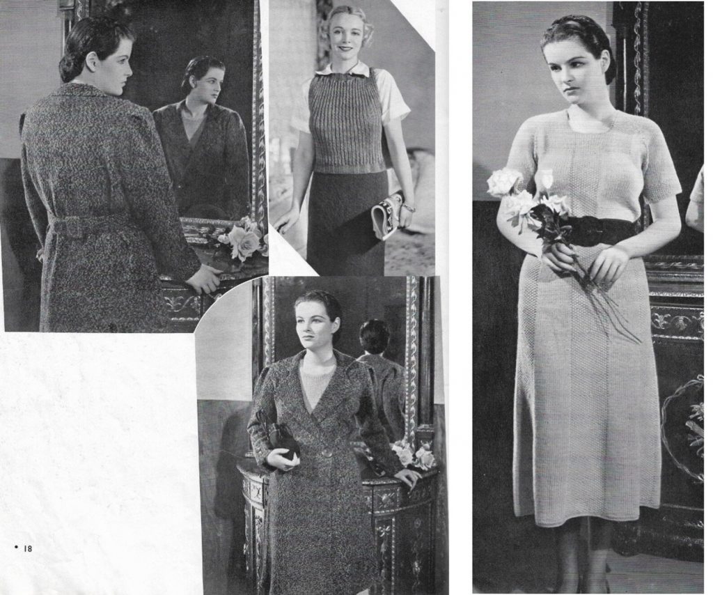 1930s Fashions & 1930's hairstyles as seen in a 1936 Knitting booklet for women and children's 1930s knitted fashions. 