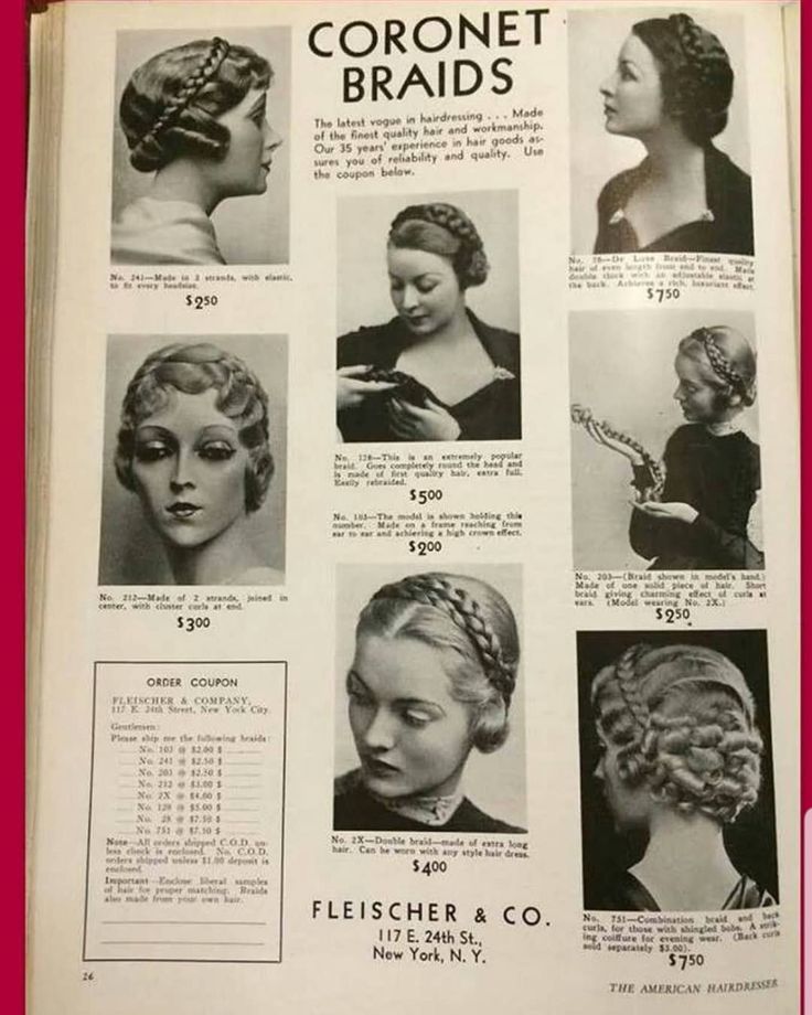 1930s Hairstyles-Coronet Braids (detachable) advertisement. "The latest vogue in hairdressing. Made of the finest quality hair and workmanship". Winter Hair Braid Inspiration