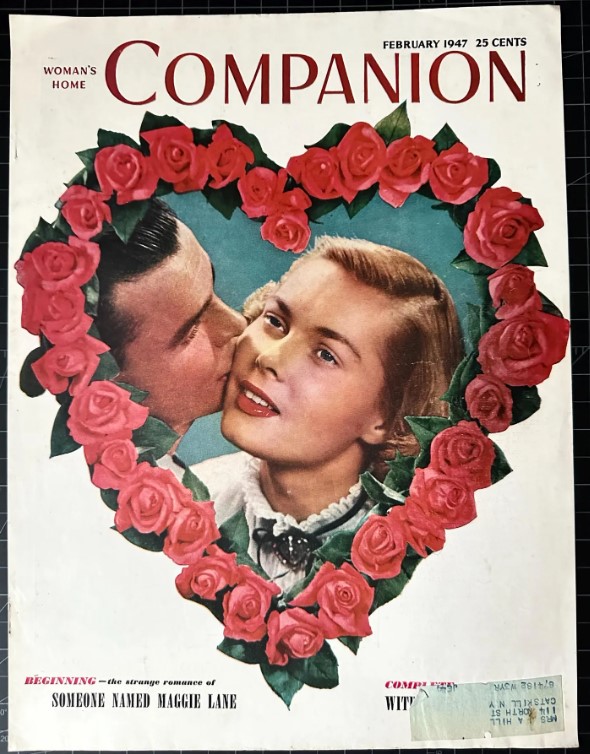 1940s vintage magazine cover: 1947 Women’s Home Companion Magazine Cover - Valentines Day edition featuring a couple kissing in a heart with roses. 