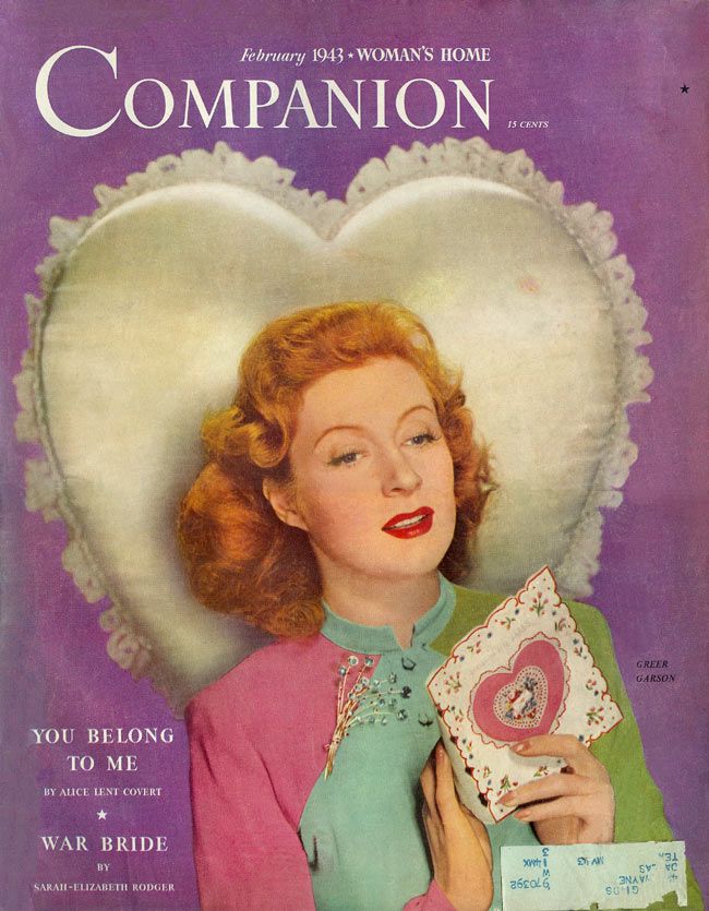 1940s Vintage Magazine Cover-February 1943 Woman's Home Companion magazine vintage Valentine's Day edition. Cover features an image of a woman with 1940s hairstyle and 1940s dress holding a valentine's day card. 