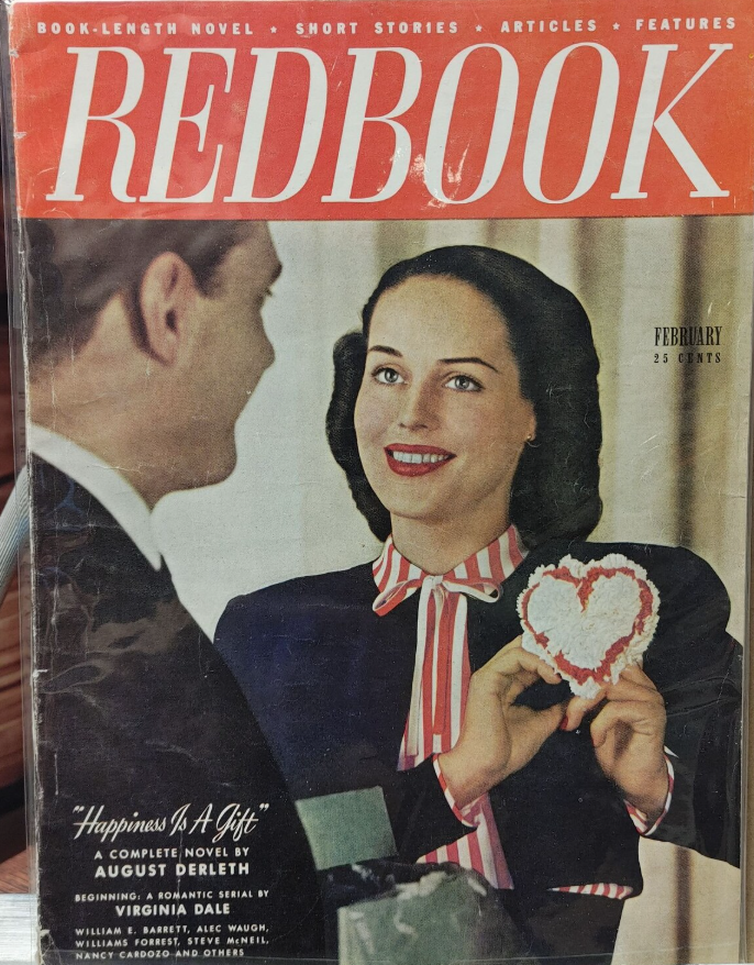 1940s Magazine: Vintage Redbook Magazine February 1948 Women's Valentines Day Issue featuring a 1940s woman in 1940s fashions and 1940s hairstyle receiving a heart from a partner. 