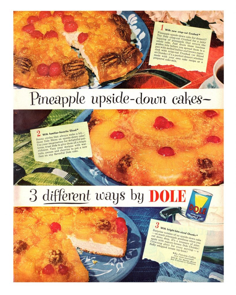 1950s vintage advertisement for "Pineapple upside-down cakes done 3 different ways by DOLE"