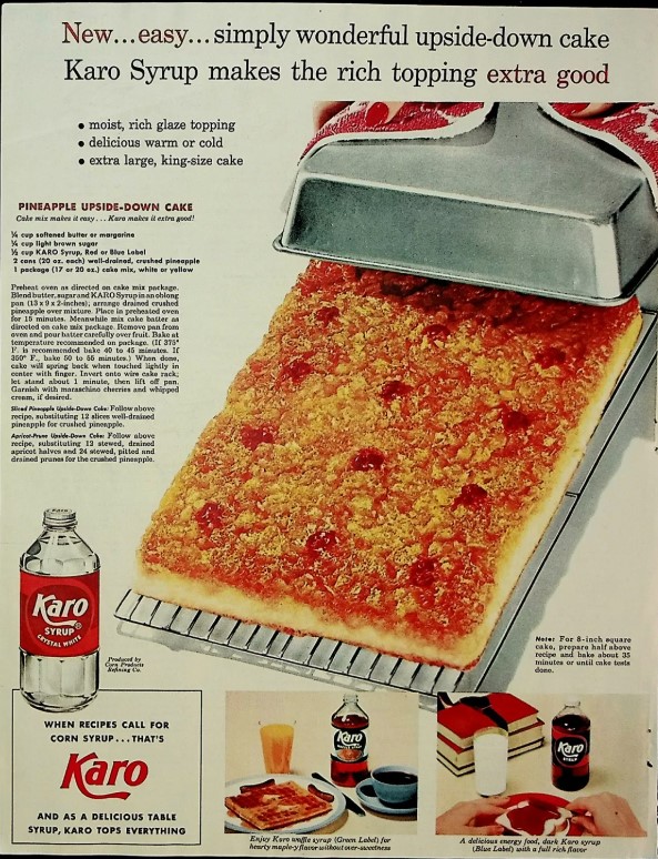 1950s vintage advertisement for Karo Corn Syrup featuring a Pineapple Upside-Down Cake recipe. Fun retro baking. 