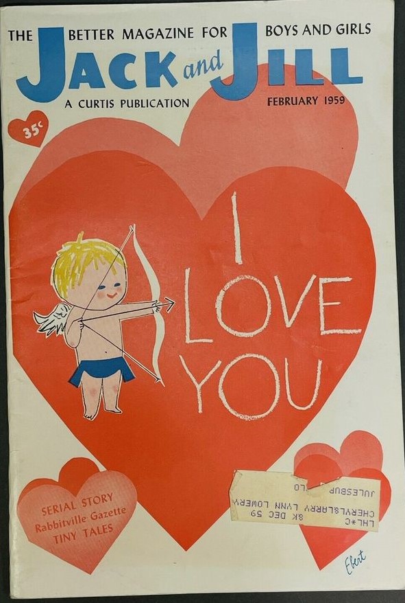 1950s vintage magazine - Valentines day cover from Jack and Jill a magazine for boys and girls from February 1959 featuring an illustration of cupid with hearts