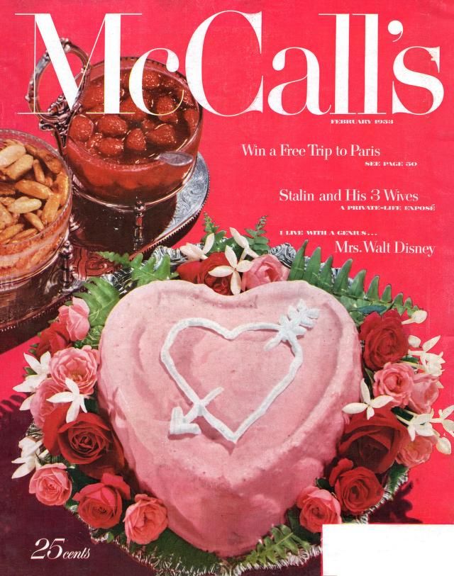 1950s vintage magazine from McCall's featuring a pink and white heart shaped cake that is perfect for your Valentine's day celebrations. 