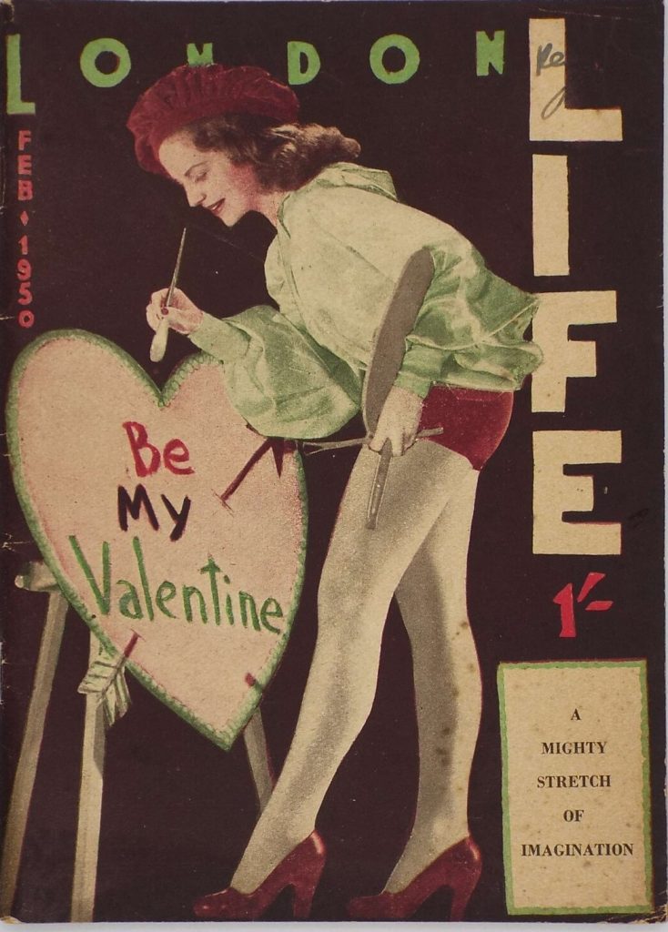 1950s vintage magazine from London Life featuring an image of a woman painter, painting a giant "Be my valentine" heart. 