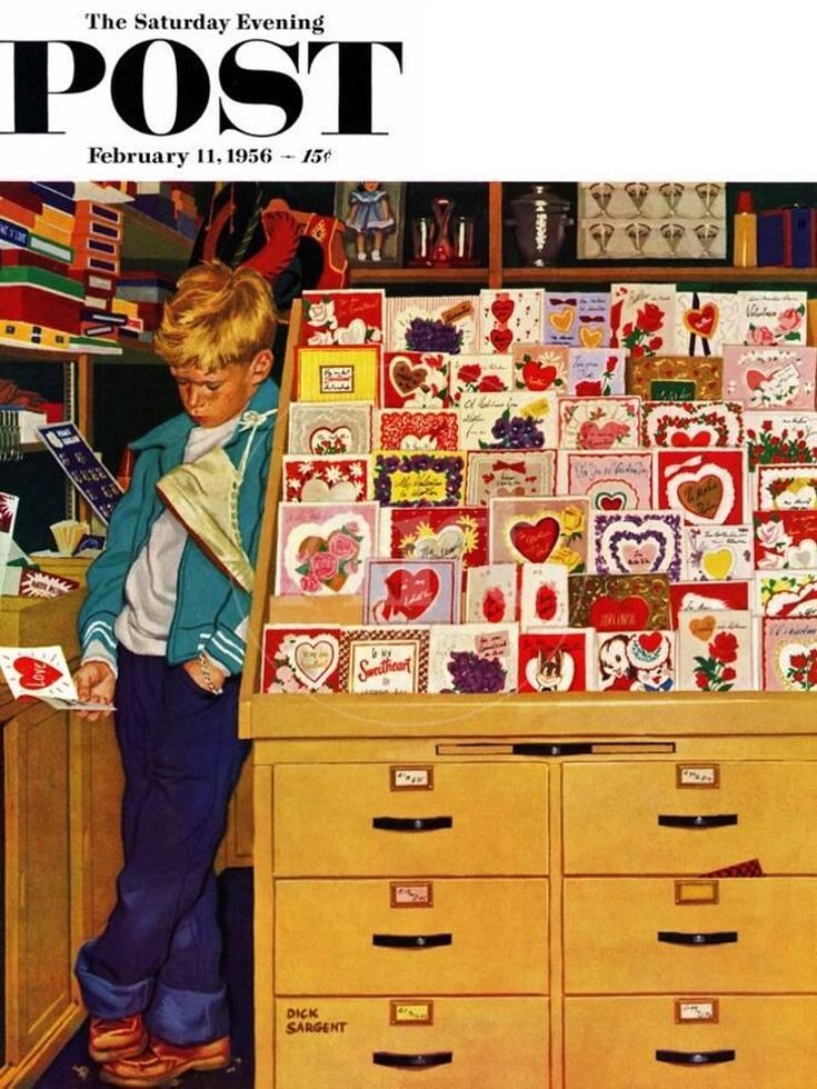 1950s vintage valentines day magazine from Saturday Evening post 1956 featuring an illustration of a boy looking at Valentine's Dau cards.