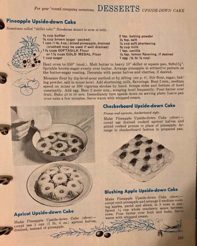 1960s / Mid-Century / Retro Foods-Upside-down cakes like Pineapple as seen in a 1961 Betty Crocker Cookbook.