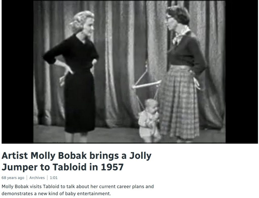 1957 video:From the CBC archive-Molly Bobak (Canadian painter) visits Tabloid to talk about her current career plans and demonstrates a new kind of baby entertainment (the Jolly jumper).